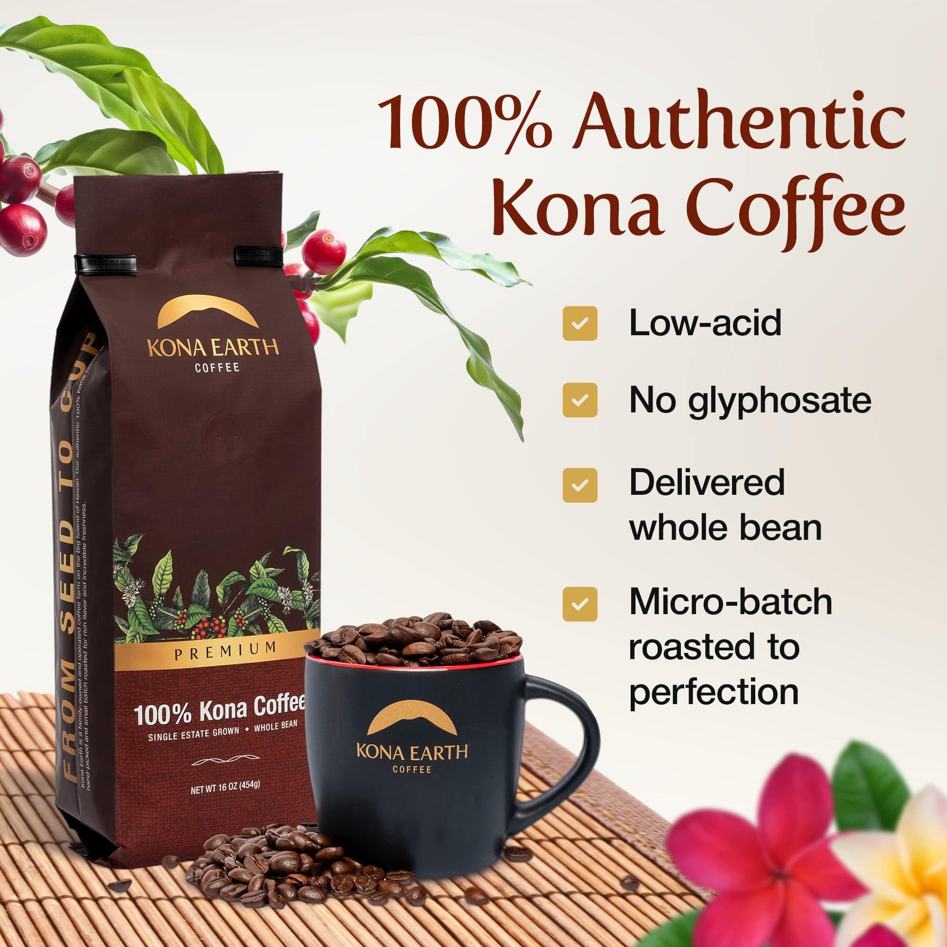 100% Kona Premium bag with mug and description
