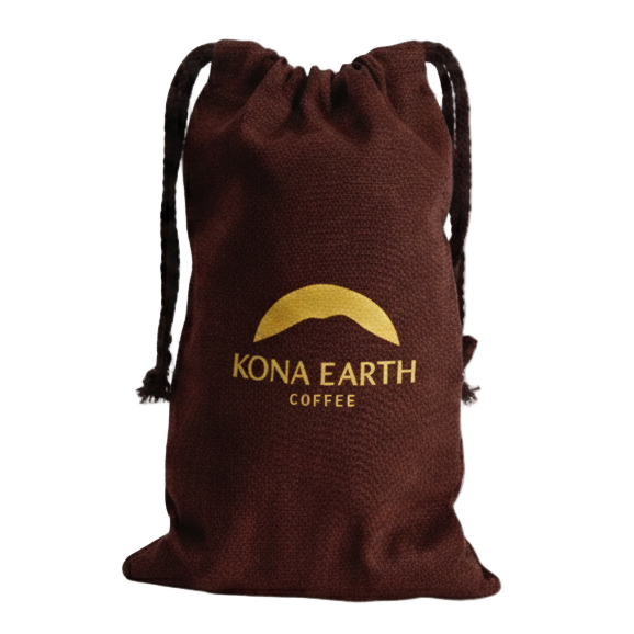 Brown drawstring bag with 'Kona Earth Coffee' logo on a white background