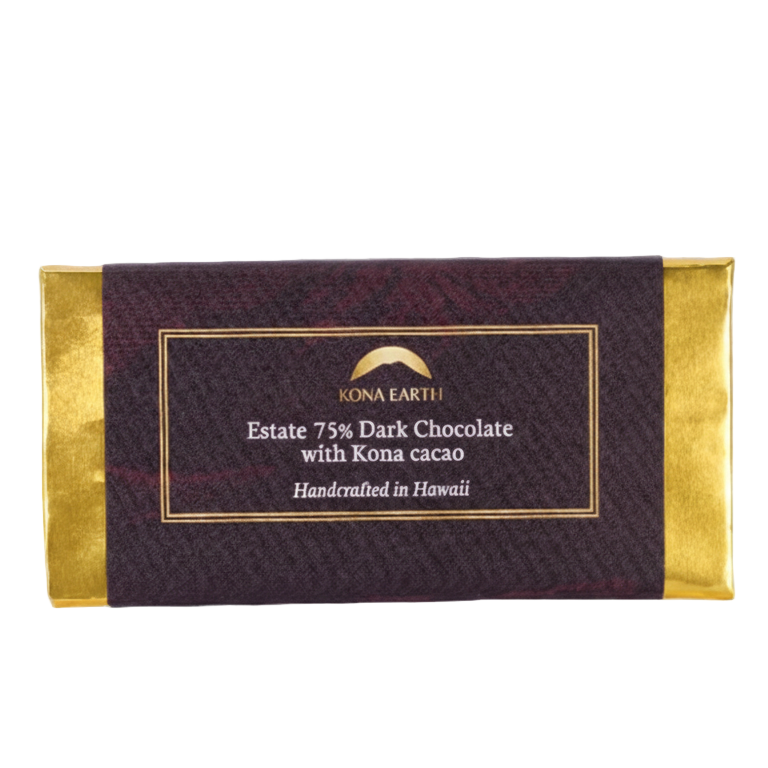 Dark chocolate bar with gold and black packaging on a white background