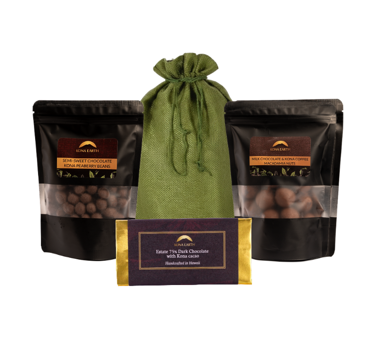 Three chocolate packaging with a green drawstring bag on a white background