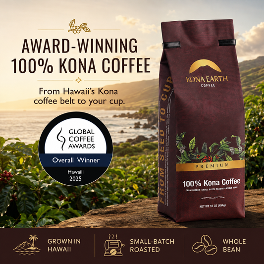 Kona Earth bag of coffee with Hawaiian shoreline in the background with text that reads award-winning 100% Kona coffee