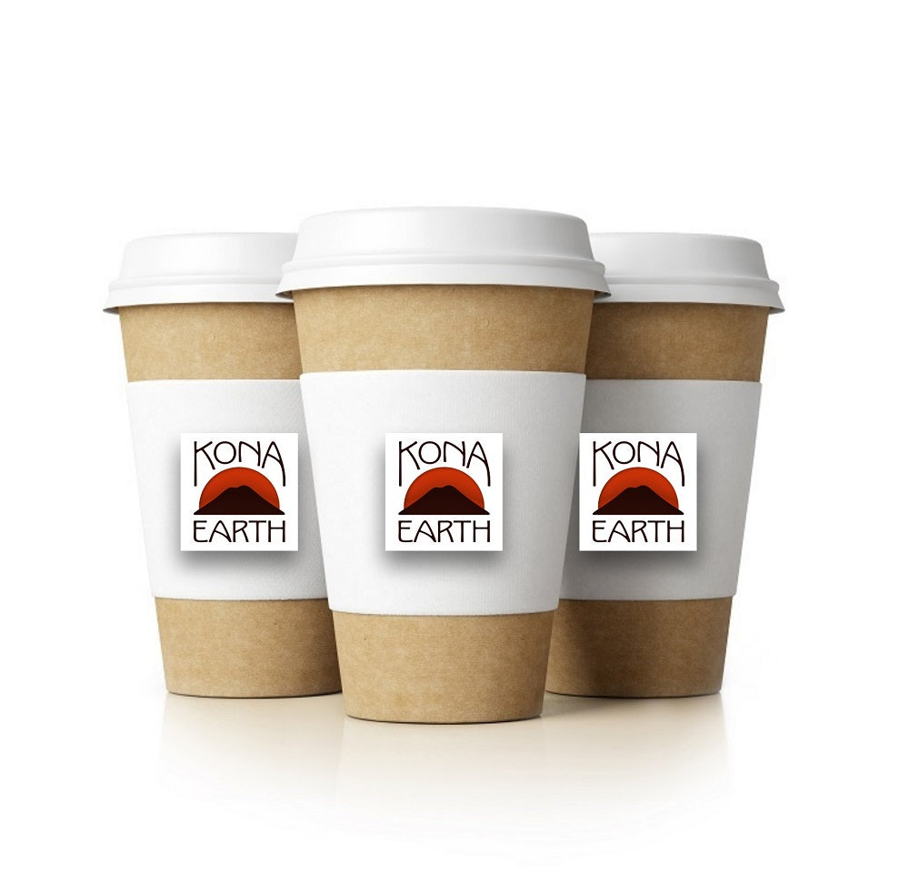 Three to-go coffee cups with Kona Earth logo