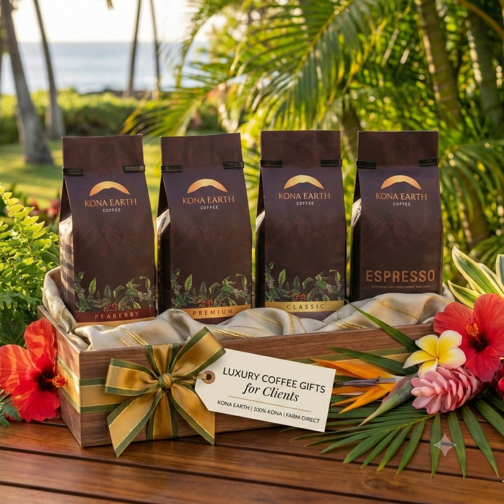4 bags of Kona Earth coffee curated with a gift box for clients