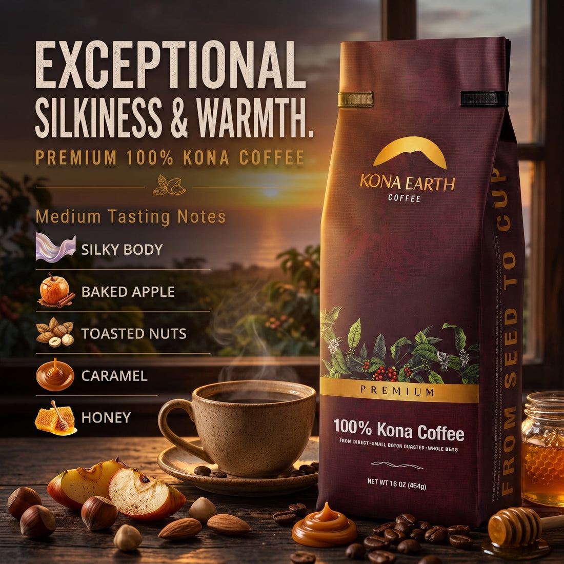 Kona Earth Premium Medium Coffee bag with text flavor notes