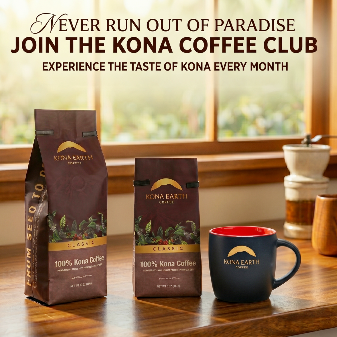 2 Kona Earth coffee bags and a mug sitting on a kitchen table