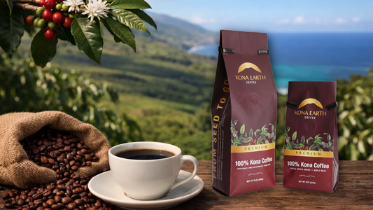 Kona Earth coffee bags sitting on a table in Hawaii with whole beans and a white coffee cup