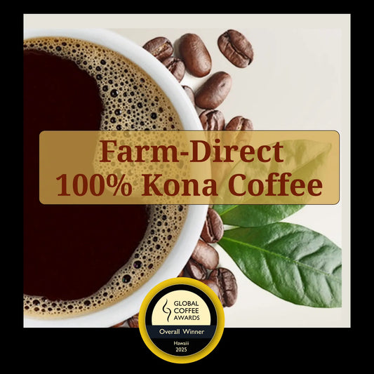 white cup with coffee and beans plus text that says farm-direct 100% Kona Coffee
