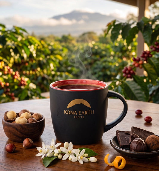 Kona Earth cup of coffee sitting on a table in Hawaii