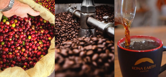 triptych image of coffee cherry, coffee beans in roaster and coffee being poured into a cup