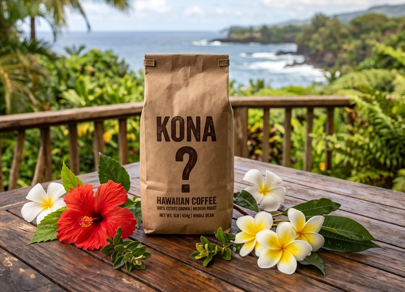 a generic coffee bag with the word KONA on it and below, a large question mark. The bag is sitting on a dark teak table in Hawaii with a few tropical flowers scattered around it