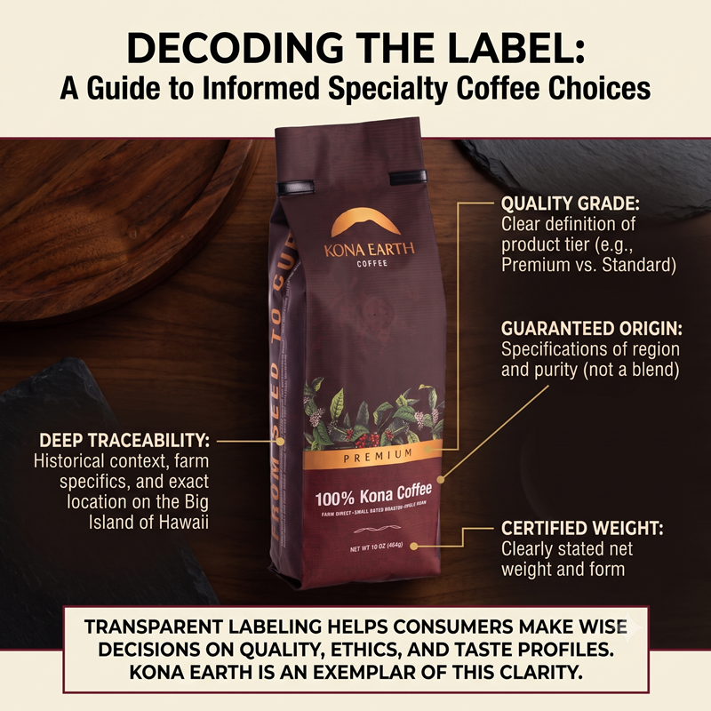 image of Kona Earth coffee bag labeling specifity