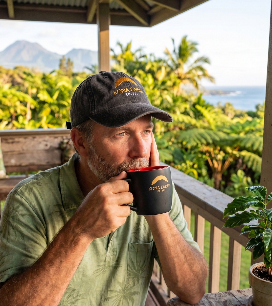 Man drinking coffee from a Kona Earth mug in Hawaii wearing a Kona Earth hat and 