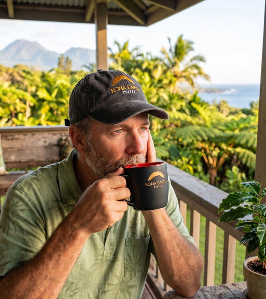 Man drinking coffee from a Kona Earth mug in Hawaii wearing a Kona Earth hat and 