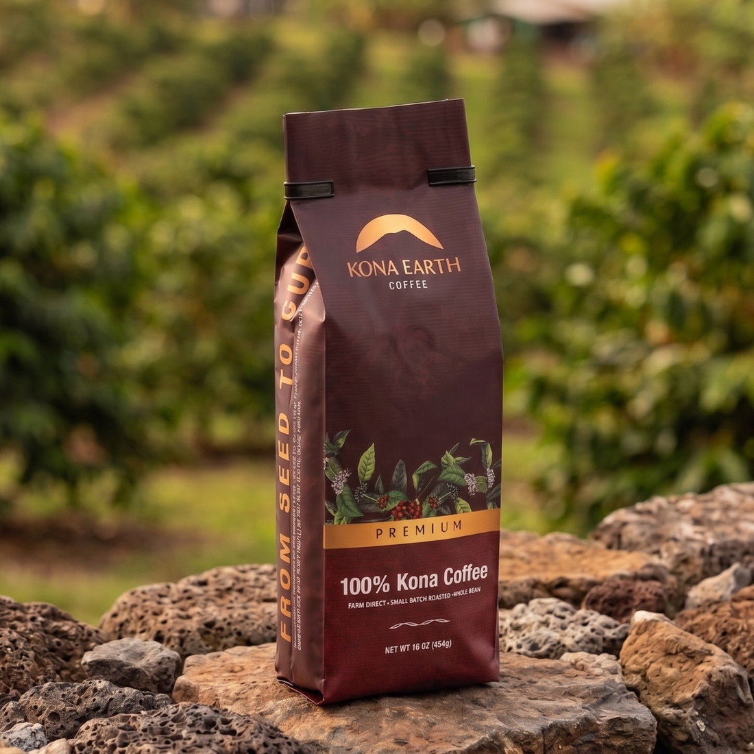 Kona Earth Premium coffee bag sitting on a rock wall on a coffee farm