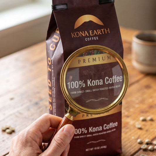 a magnifying glass over the words 100% Kona Coffee on a Kona Earth coffee bag
