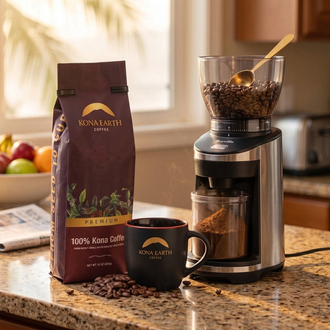 bag of Kona Earth Premium Kona coffee on a kitchen counter next to a coffee grinder full of whole beas and a black mug