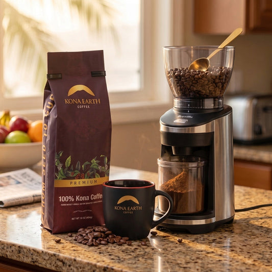 bag of Kona Earth Premium Kona coffee on a kitchen counter next to a coffee grinder full of whole beas and a black mug