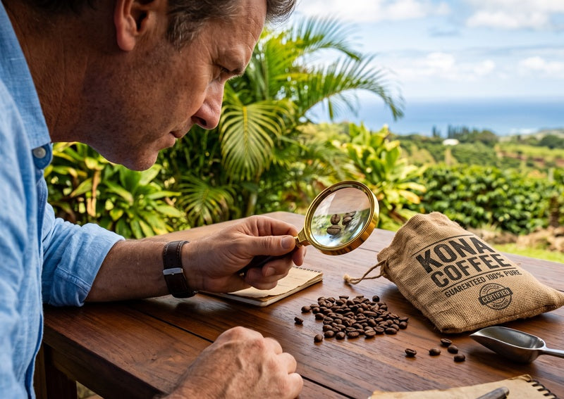 kona coffee beans sitting on a dark teak table in hawaii. We see over the shoulder of a detective, inspecting the beans with a magnifying glass - trying to determine if the beans are authentic or counterfeit. 