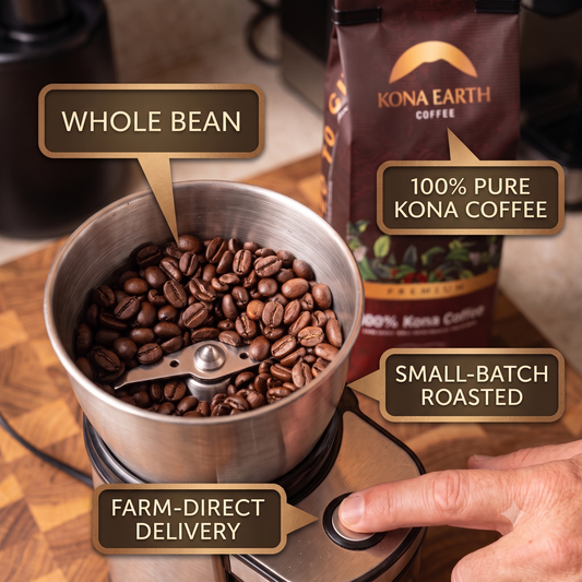 whole beans in a coffee grinder with bag of Kona Earth coffee