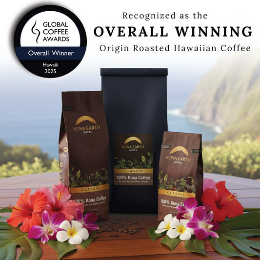 collection of Kona Earth's award-winning coffee sitting on a table with the Hawaiian coastline in the background.