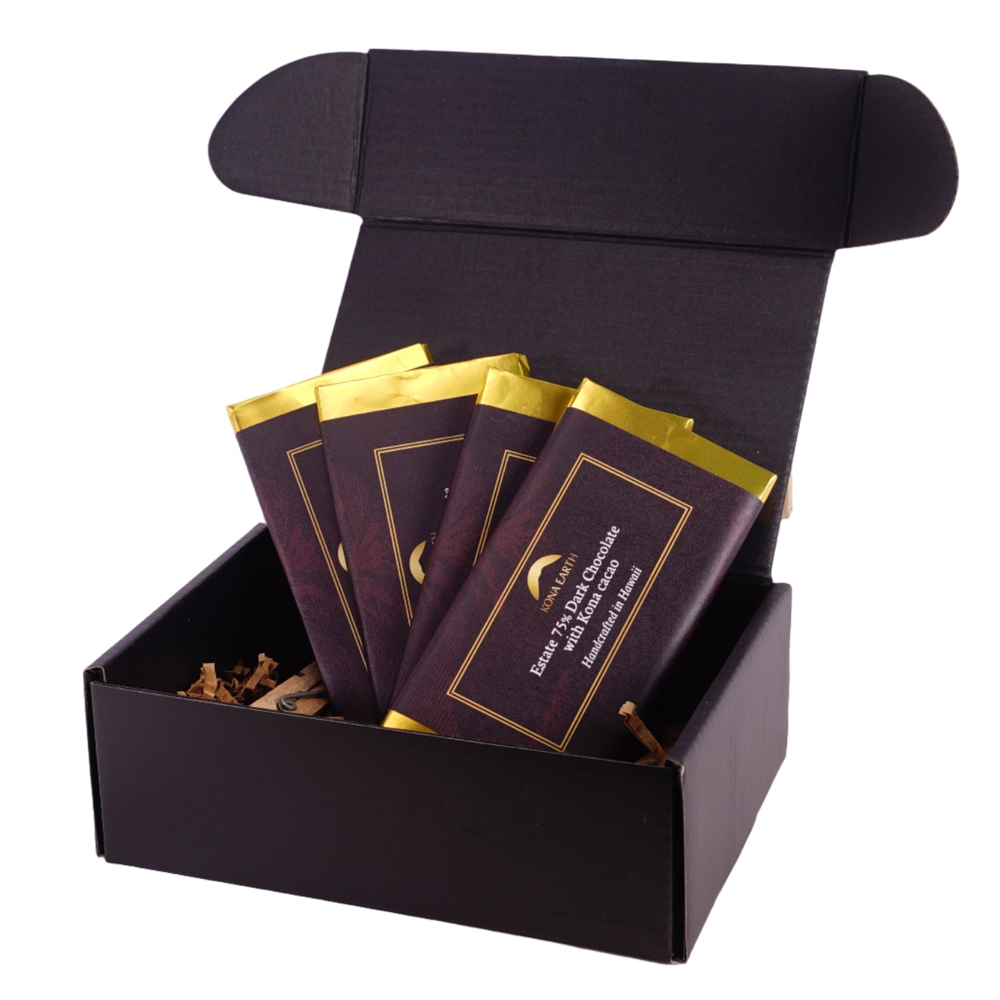 Black gift box with gold-trimmed chocolate bars on a white background