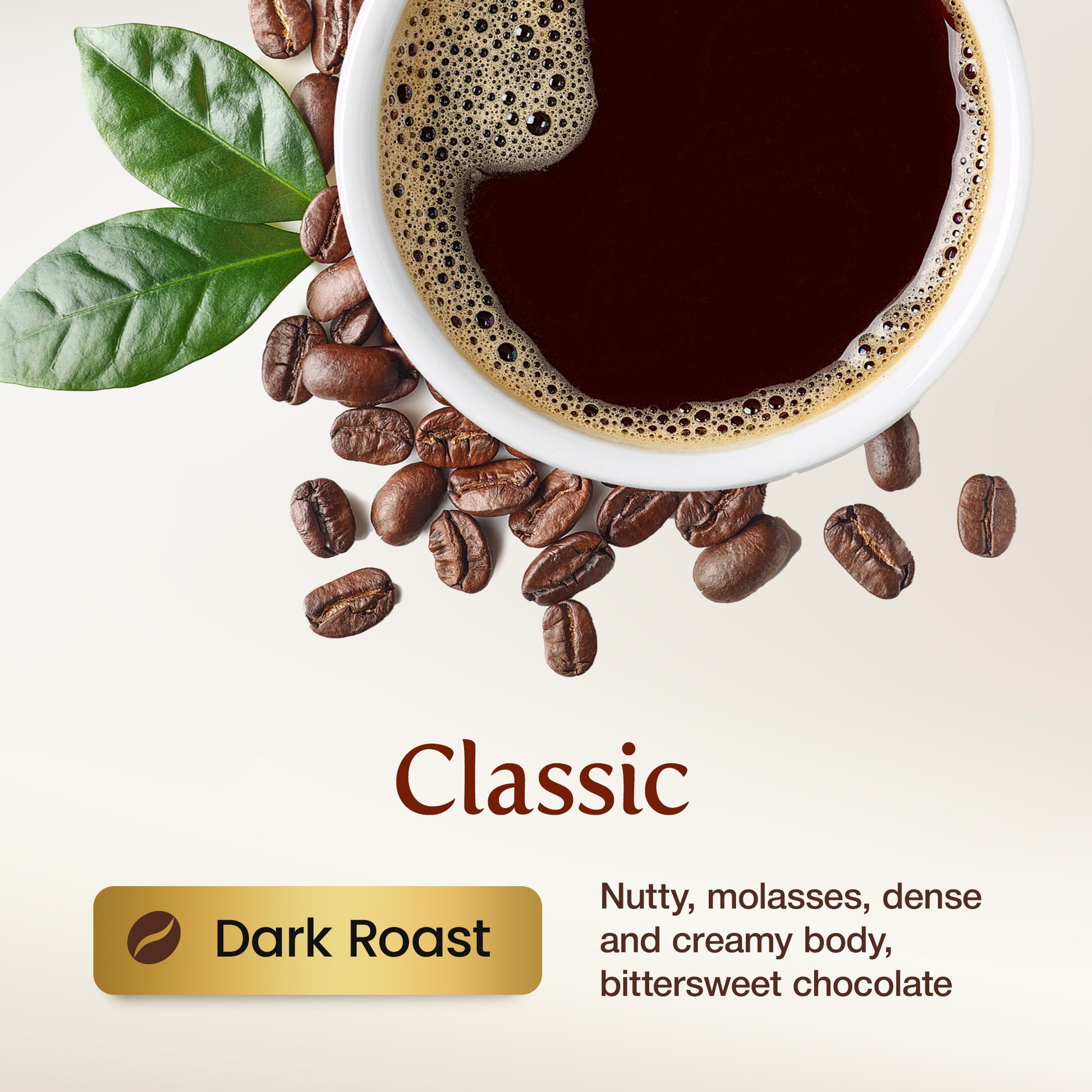 A top-down styled coffee graphic showing a white cup of dark roast coffee with crema, scattered roasted coffee beans, green leaves, and text reading 'Classic' and 'Dark Roast' on a light beige background.
