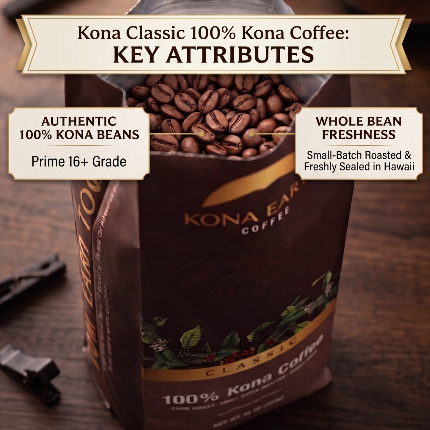 A stand-up coffee bag labeled Kona Classic 100% Kona Coffee, shown open with roasted coffee beans visible. The bag is dark brown with gold and green printed graphics.
