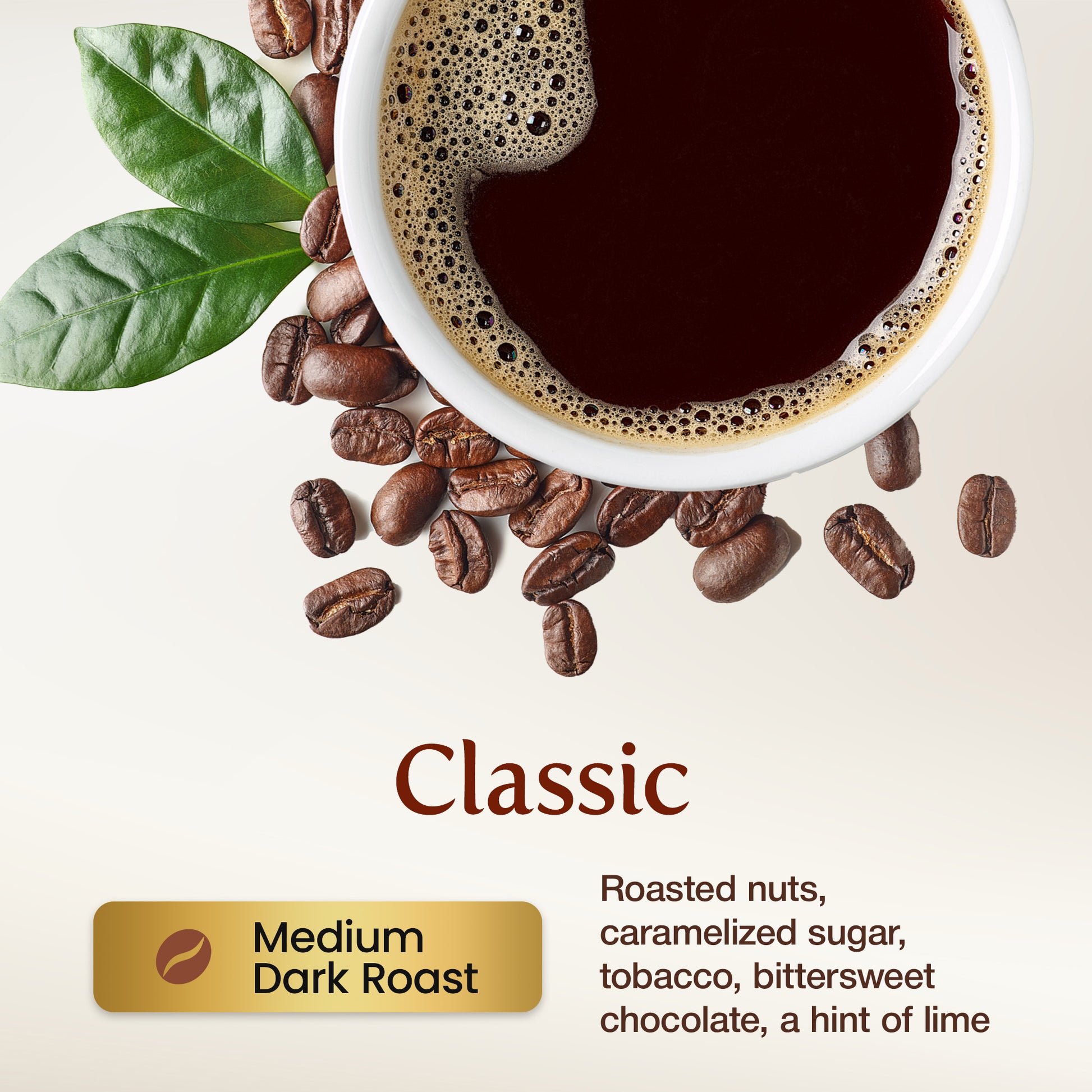 Cup of coffee with coffee beans and a leaf on a light background, featuring the description 'Classic Medium Dark Roast'.