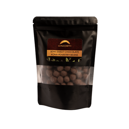 A package of Kona Peaberry coffee beans covered in semi-sweet chocolate.