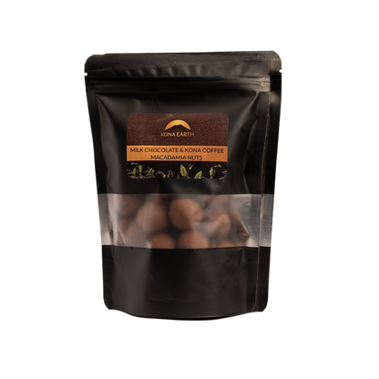 A package of Milk Chocolate and Kona Coffee Macadamia Nuts.