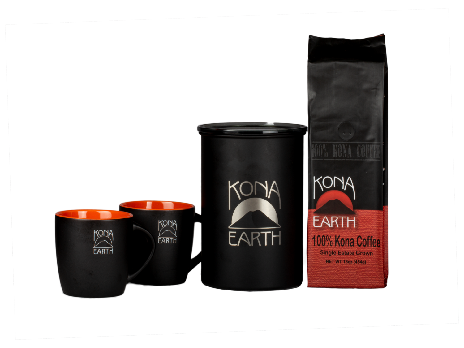 Kona Earth coffee with canister and 2 black mugs