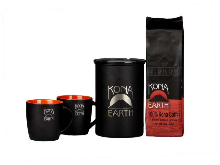 Kona Earth coffee with canister and 2 black mugs