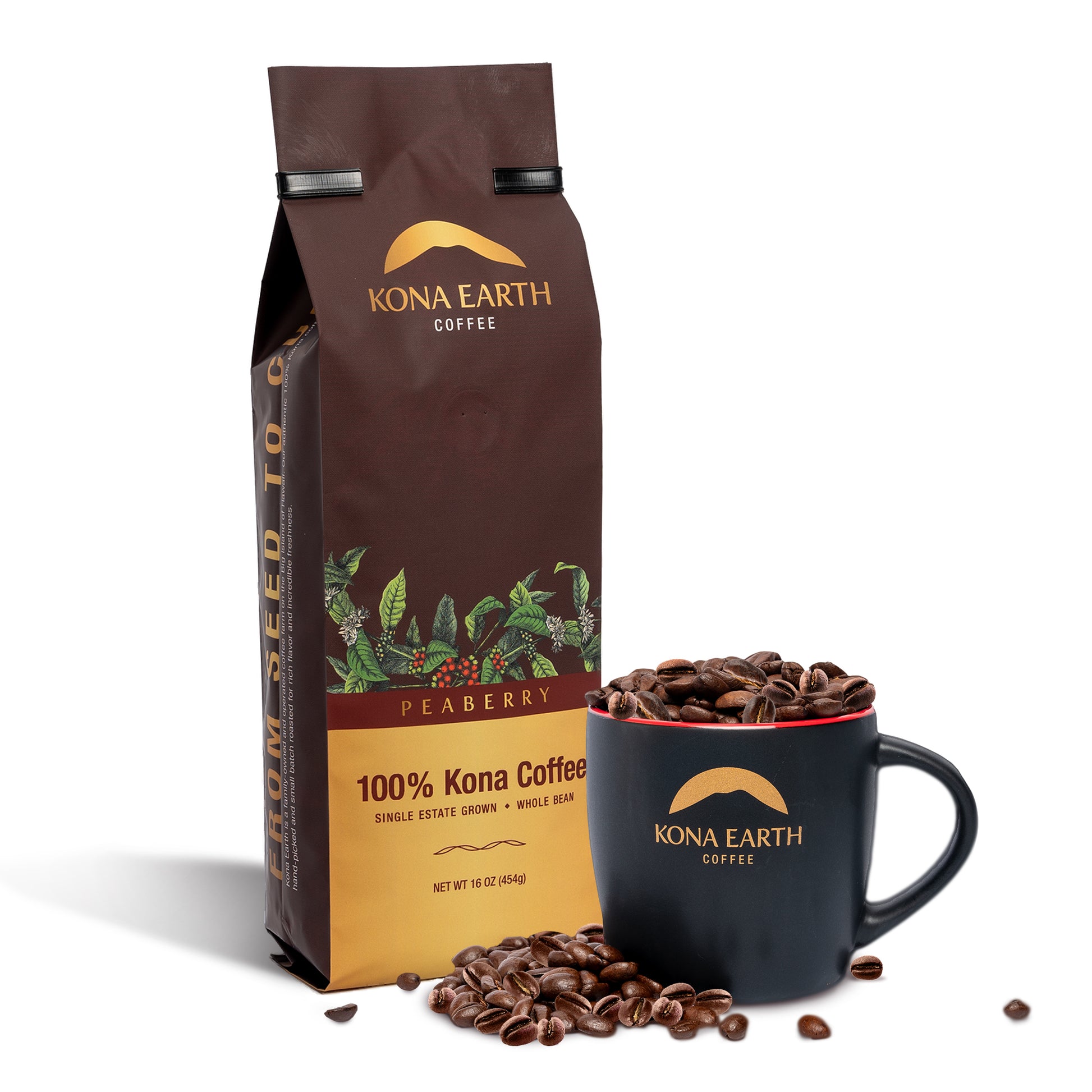 Kona Earth Kona Peaberry bag with mug and beans
