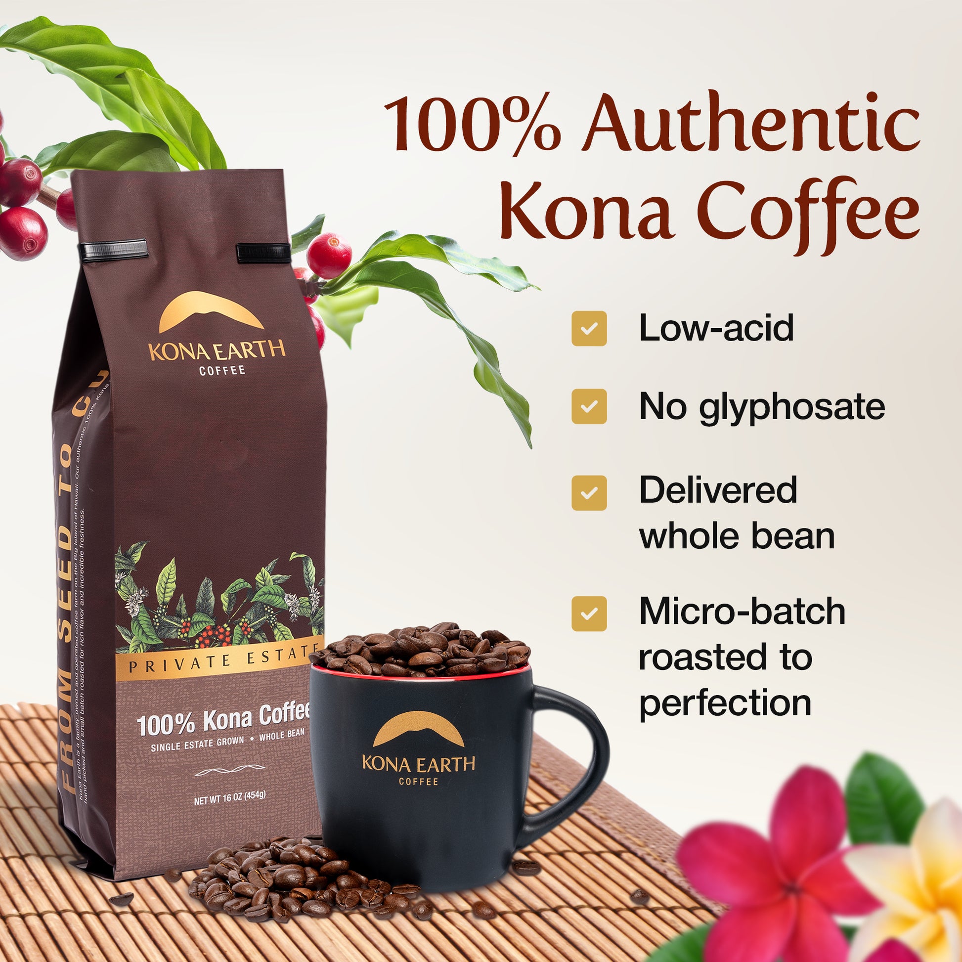 Bag of Kona Earth coffee with mug and descriptive text