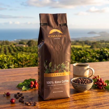 A bag of Kona Earth Coffee Classic 100% Kona Coffee stands on a wooden table outdoors, with a cup of coffee, a bowl of coffee beans, and scattered red coffee cherries in front of a blurred coffee plantation and ocean landscape.