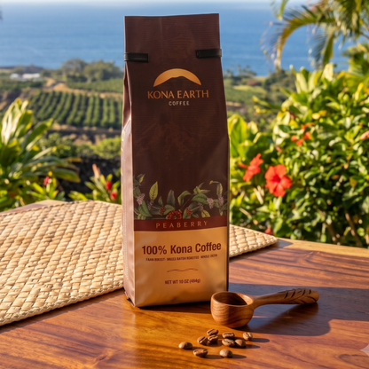 A bag of Kona Earth Coffee Peaberry 100% Kona Coffee stands on a wooden table outdoors, with coffee beans and a small wooden scoop in front. The background shows a scenic view of a coffee plantation and the ocean.