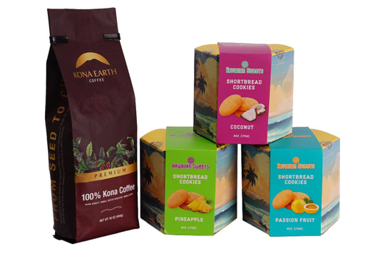 3 boxes of shortbread cookies and a bag of premium Kona coffee on a white b.g.
