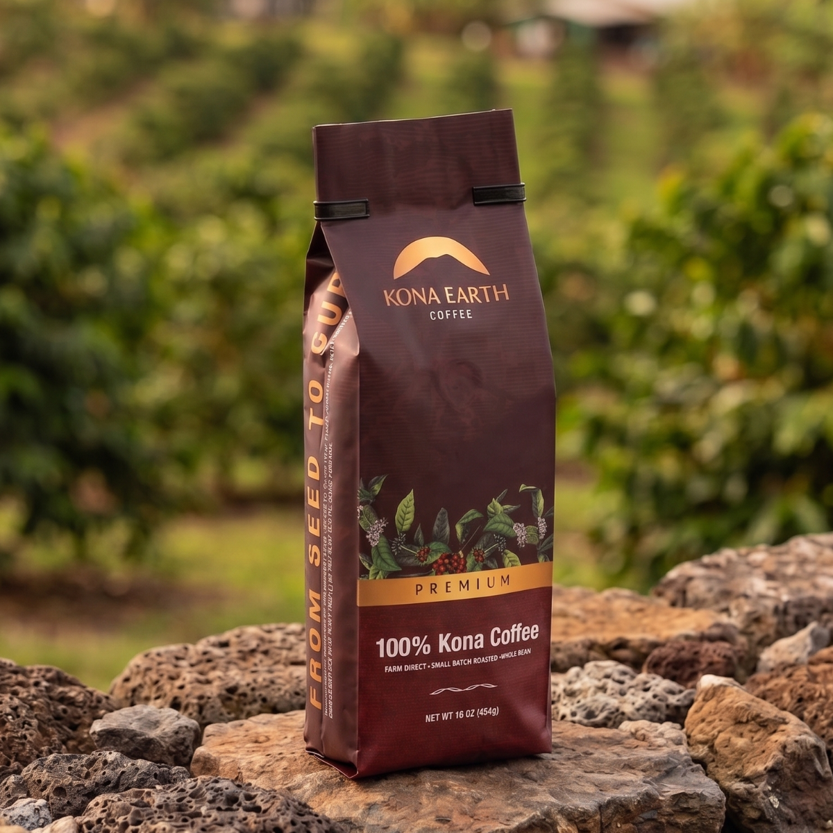 A bag of Kona Earth Coffee 100% Kona Coffee stands on a rustic stone surface with a blurred outdoor coffee plantation background.