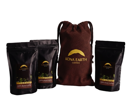 Kona Earth Coffee bags and a drawstring bag on a white background