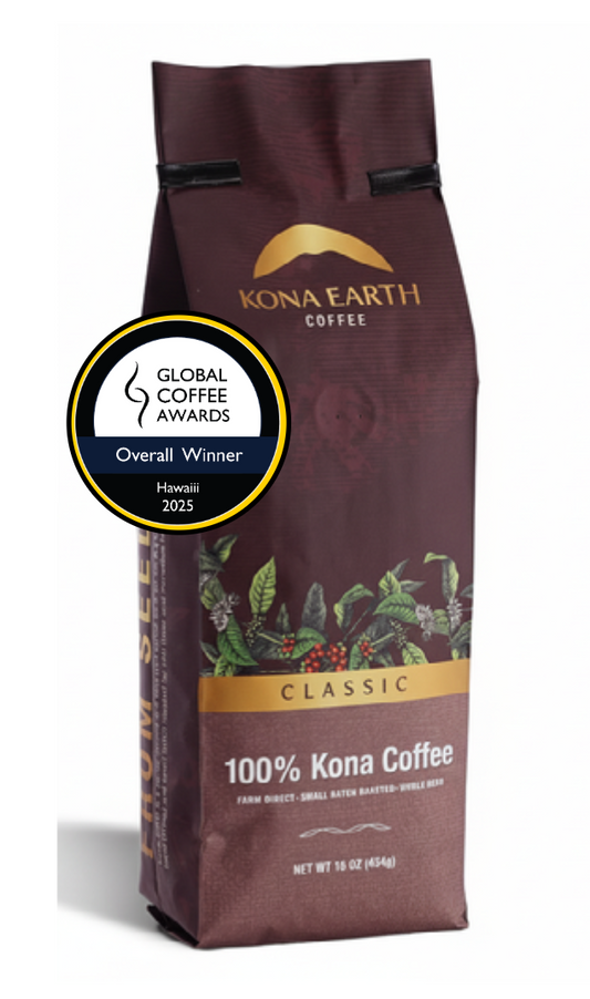 Kona Earth coffee bag with a Global Coffee Awards badge on a white background