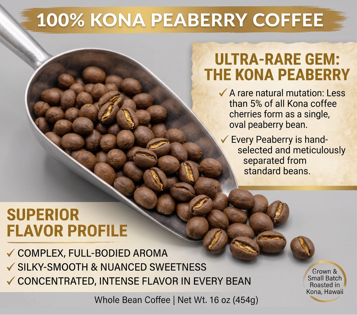 Promotional graphic for Kona Earth 100% Kona Peaberry coffee, showing roasted coffee beans in a metal scoop with text highlighting the ultra-rare gem mutation and superior flavor profile.
