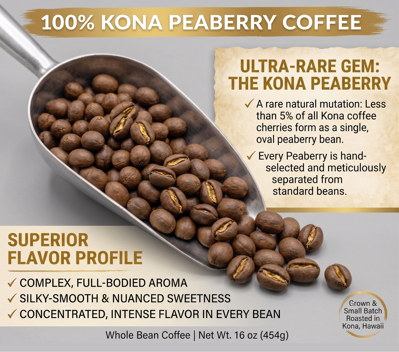 Promotional graphic for Kona Earth 100% Kona Peaberry coffee, showing roasted coffee beans in a metal scoop with text highlighting the ultra-rare gem mutation and superior flavor profile.