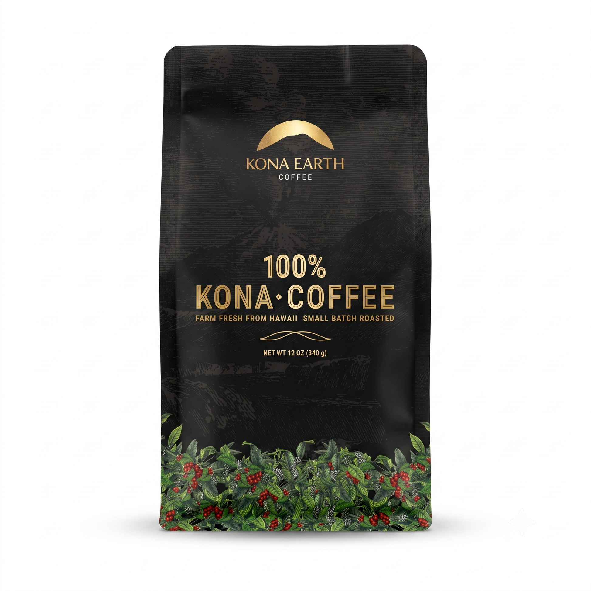 A 12 oz bag of Kona Earth Coffee 100% Kona Coffee, featuring a black package with gold lettering and a green and red coffee plant illustration at the bottom, set against a plain white background.