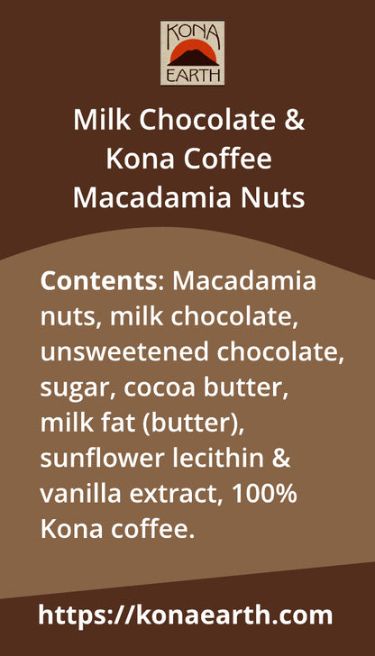 Kona Earth Milk Chocolate and Kona Coffee Macadamia Nuts back label.