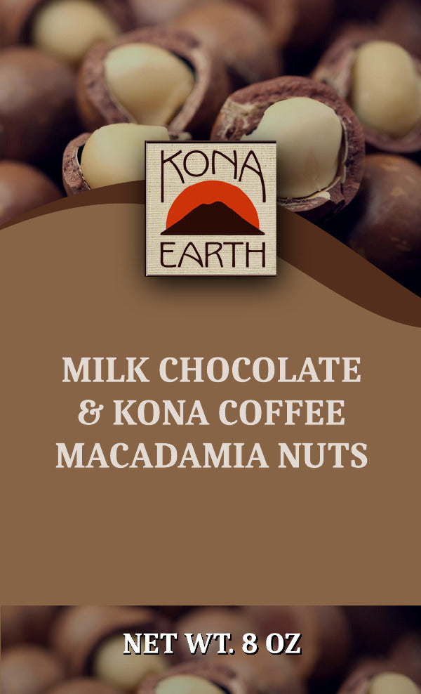 Kona Earth Milk Chocolate and Kona Coffee Macadamia Nuts front label.