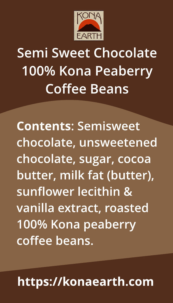 Back label for Kona Earth chocolate-covered Kona peaberry coffee beans