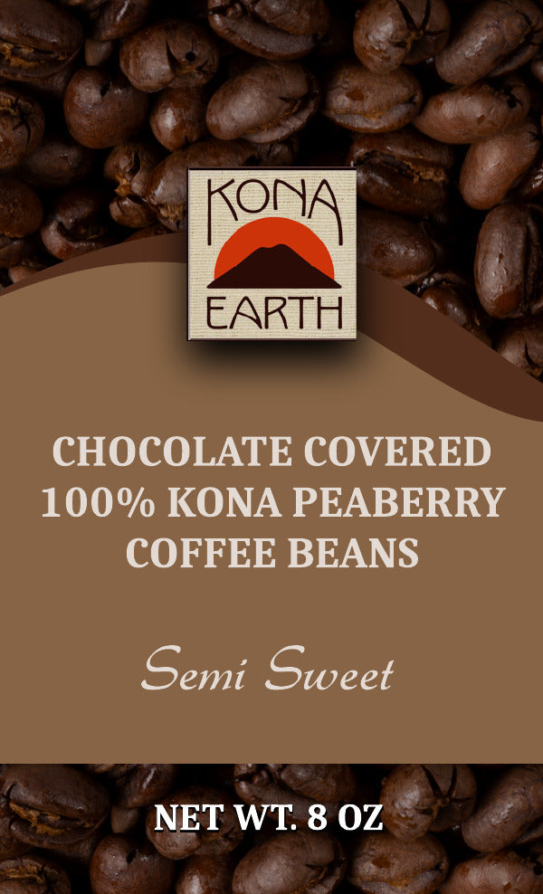 Front label for Kona Earth chocolate-covered Kona peaberry coffee beans