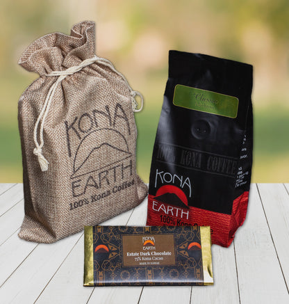 Kona Earth Kona coffee and Hawaiian chocolate gift bundle with tan bag