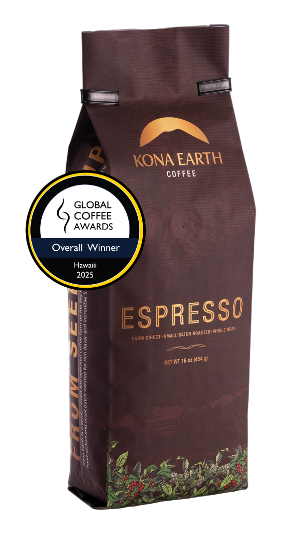 Kona Earth Espresso coffee bag with a Global Coffee Awards badge on a white background