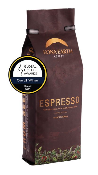 Kona Earth Espresso coffee bag with a Global Coffee Awards badge on a white background